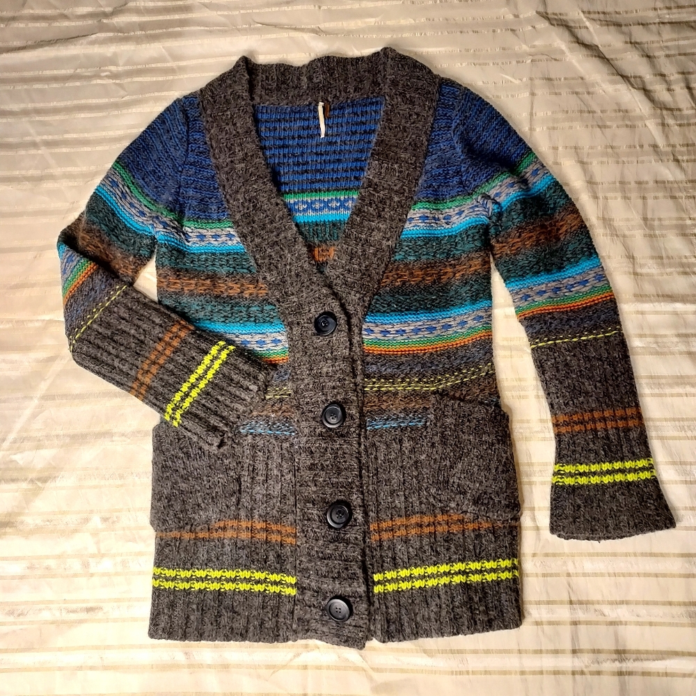 FREE PEOPLE Blue and Brown Striped Cardigan